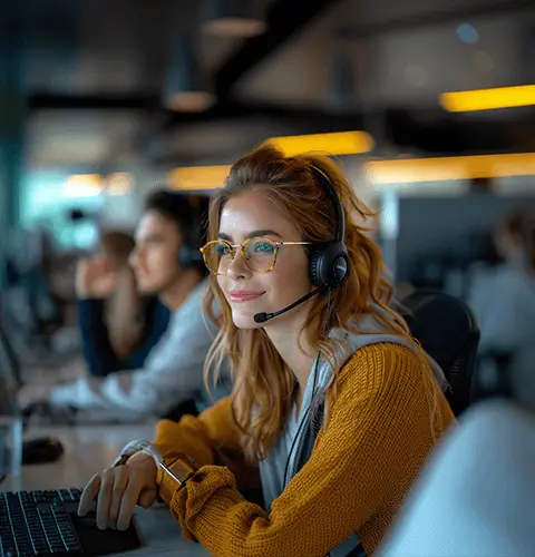 Une femme portant des lunettes et un casque avec micro, travaillant dans un centre d'appels.
